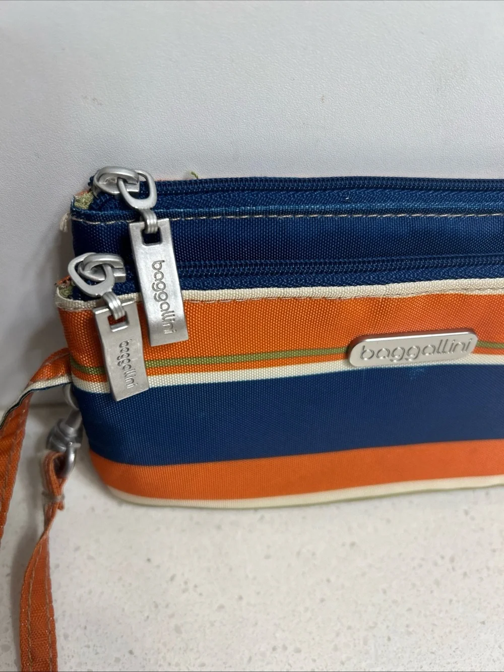 Baggallini Orange, Navy & Cream Striped Double Zip RFID Wristlet